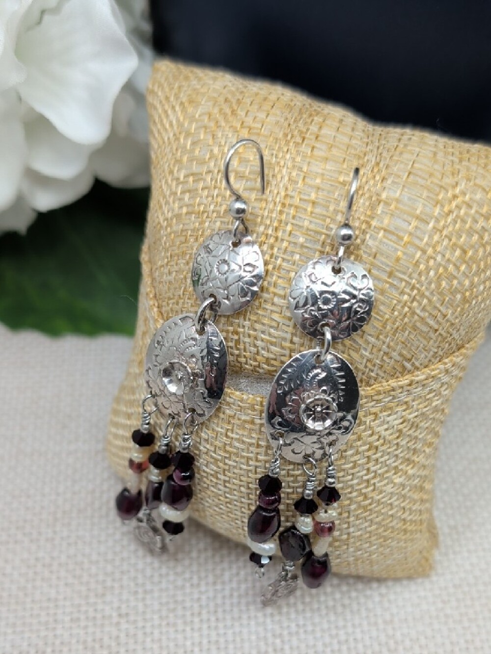 Vintage 925 Sterling Silver Floral Repoussé Chandelier Earrings 3" - Picture 8 of 17